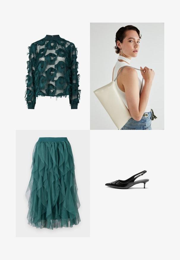 Teal prozirna bluza s teksturiranim, izfrcanim kružnim uzorcima, visokim ovratnikom i dugim rukavima s ravnim rubom. Zatvaranje na leđima s rupom.; Tirkizna tulle suknja s slojevitim volanima, koja ima elastičnu traku za struk i lepršavu teksturu. Tkanina je lagana i prozirna.; Crne kožne sandale na petu s ikkrenim nosom, malom kitten petom i dekorativnom mašnom sprijeda. Glatka tekstura svuda.; Bijela pravokutna torbica s kopčanjem, izrađena od sjajnog materijala, s srebrnim lančićem. Model pozira, prikazujući torbicu na jednostavnoj pozadini.