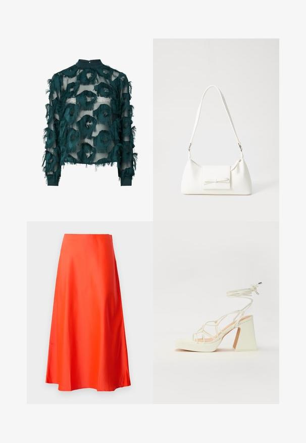 Blusa trasparente in teal con motivi circolari testurizzati e sfrangiati, scollatura alta e maniche lunghe con orlo dritto. Chiusura a chiave sul retro.; Gonna midi rossa in satin con una texture liscia, silhouette a trapezio e una delicata svasatura all'orlo. Nessun motivo o decorazione visibile.; Sandalo bianco con tacco alto, caratterizzato da un design a cinturini e un legaccio alla caviglia. Texture liscia con una piattaforma frontale per un'altezza aggiuntiva.; Borsa sintetica bianca a forma triangolare, con patta anteriore piatta e dettaglio a fiocco, tracolla regolabile, texture liscia e design minimalista.