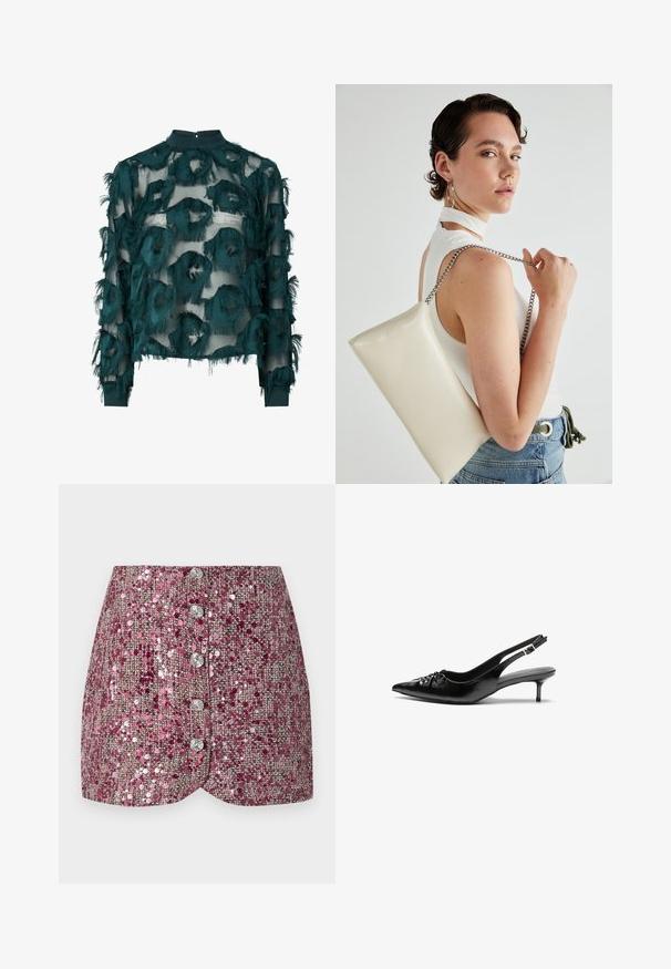 Teal gjennomsiktig bluse med teksturerte, flisede sirkulære mønstre, høy hals og lange ermer med rett avslutning. Bakre nøkkelhulls lukking.; Rosa paljett skjørt med teksturert veving, med en slim passform og fem sølvknapper foran. Formet falm og glitrende detaljer.; Sorte skinnert remsandaler med spiss tå, liten kittenhæl og en dekorativ knute detalj foran. Glatt tekstur gjennom hele.; Hvit rektangulær clutch-veske laget av blankt materiale, med en sølvkjede-stropp. Modellen poserer og viser vesken mot en ensfarget bakgrunn.