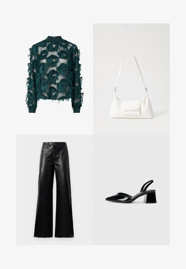 Blusa azul-teal translúcida com padrões circulares texturizados e desfiados, decote alto e mangas longas com bainha reta. Fecho em gota nas costas.; Calças largas de imitação de couro pretas, de cintura alta, com botão frontal, fecho de correr, passadores de cinto e bolsos laterais sobre fundo branco.; Sandy em verniz preto com salto slingback, ponta afilada e salto geométrico. Apresenta um design elegante e minimalista com textura suave.; Mala sintética branca com formato triangular, aba frontal plana e detalhe de laço, alça ajustável, textura suave e design minimalista.