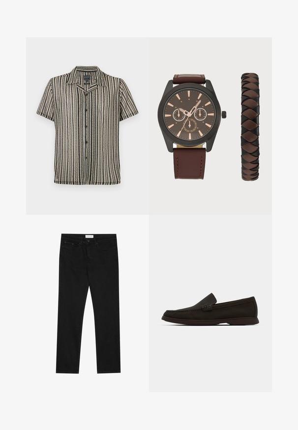 Camisa de botão de manga curta com um padrão riscado em tons suaves de bege, preto e cinza. Apresenta um colarinho de camp e um corte descontraído.; Jeans pretos de perna reta com design de cinco bolsos, fecho com botão e zíper, e uma etiqueta da marca Pier One na cintura.; Mocassins em camurça castanho-escuro, slip-on, com bico cosido, sola de borracha de perfil baixo e detalhes texturizados na parte superior.; Pier One SET - Relógio - black/brown
