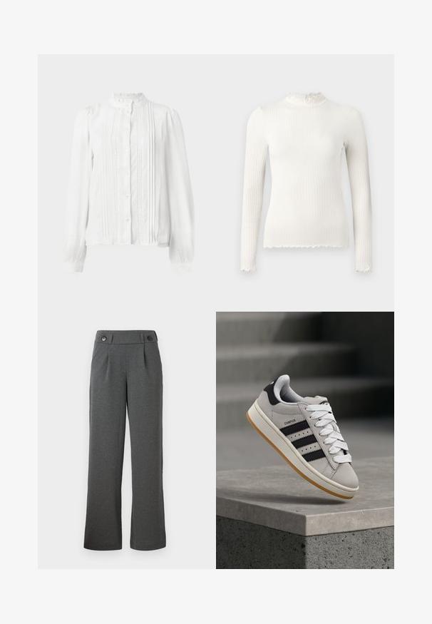 White blouse featuring a high collar, button closure, pleats down the front, and lace trim on sleeves. Made from lightweight fabric.; Long-sleeve white ribbed turtleneck top with a ruffled neck and frayed hem detailing. Smooth texture, form-fitting design.; Gray wide-leg trousers made of textured fabric, featuring a high waist, front pleats, and two buttons at the waistband.; Gray Adidas Campus sneaker with black stripes and white laces floating above a concrete ledge with stairs in the background.