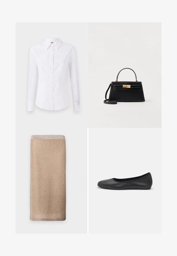 Chemise blanche à manches longues avec col pointu, fermeture à boutons à l'avant et design ajusté. Tissu en coton lisse avec des détails de couture subtils.; Écharpe en maille beige avec un éclat subtil, finition texturée et un bord supérieur de couleur plus claire. Forme rectangulaire.; Ballerines en cuir noir avec un bout rond, texture lisse, détails de couture minimalistes et design de semelle flexible.; Sac à main en cuir noir avec une forme trapézoïdale structurée, un fermoir en métal doré et des coutures blanches contrastantes. Comprend une courte poignée et une longue bandoulière.