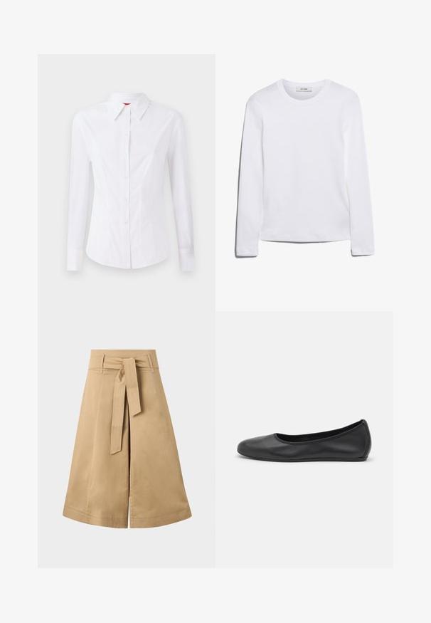 White long-sleeve shirt with a pointed collar, front button closure, and fitted design. Smooth cotton fabric with subtle stitching details.; Long-sleeve white T-shirt made of ribbed cotton, featuring a round neckline and a straight hem. Simple design with no patterns or accents.; Khaki midi wrap skirt with a tie belt, made of lightweight cotton, featuring a flared silhouette and visible stitching details.; Black leather ballet flat with a rounded toe, smooth texture, minimal stitching detail, and a flexible sole design.