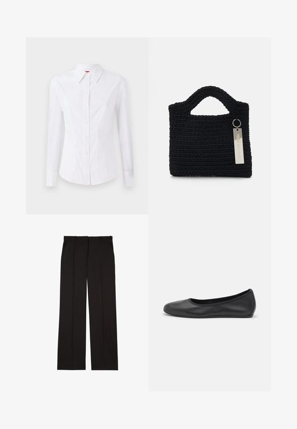 Biała koszula z długim rękawem, z wywijanym kołnierzykiem, z zamykaniem na guziki z przodu i dopasowanym krojem. Gładki materiał bawełniany z subtelnymi detalami w szwie.; Czarne dopasowane spodnie wykonane z gładkiej tkaniny, charakteryzujące się prostymi nogawkami i dwoma bocznymi kieszeniami. Elegancka i minimalistyczna konstrukcja.; Czarne skórzane baletki z zaokrąglonym noskiem, gładką fakturą, minimalnymi przeszyciami i elastycznym designem podeszwy.; Won Hundred MARSIELLE UNISEX czarny