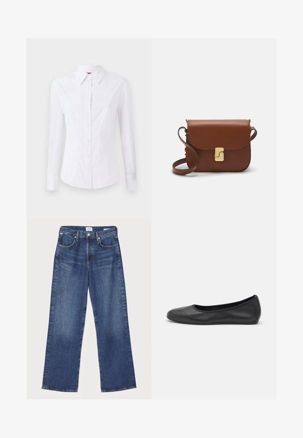Chemise blanche à manches longues avec col pointu, fermeture à boutons à l'avant et design ajusté. Tissu en coton lisse avec des détails de couture subtils.; Citizens of Humanity ANNINA - Jean droit - westwood dark indigo; Ballerines en cuir noir avec un bout rond, texture lisse, détails de couture minimalistes et design de semelle flexible.; Sac à main en cuir marron avec une fermeture à rabat, des accents en métal doré, une bandoulière et une texture lisse. Forme rectangulaire compacte.