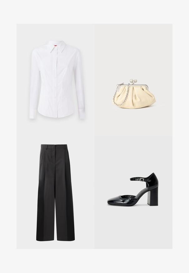 Balta ilga rankovė marškiniai su smailiu apykakle, priekyje su mygtukų uždarymu ir prigludusiu dizainu. Lygus medvilnės audinys su subtiliais siuvimo detalėmis.; Juodos plačios kelnės su aukštu liemeniu, su priekinėmis raukšlėmis, glotnia tekstūra ir pritaikytu apdailos stiliumi. Sukurtos laisvam sėdėjimui.; Juodos lakuotos aukštakulnės bateliai su kvadratine nosimi, kulkšnies dirželiu ir masyviu kulnu. Apima perforuotus detalizavimus aplink kraštą.; Plyšiniai smėlio spalvos odiniai rankinukai su sidabriniu metaliniu rėmu, turintys du apvalius dekoratyvinius užtrauktukus ir sidabrinę grandinėlę.