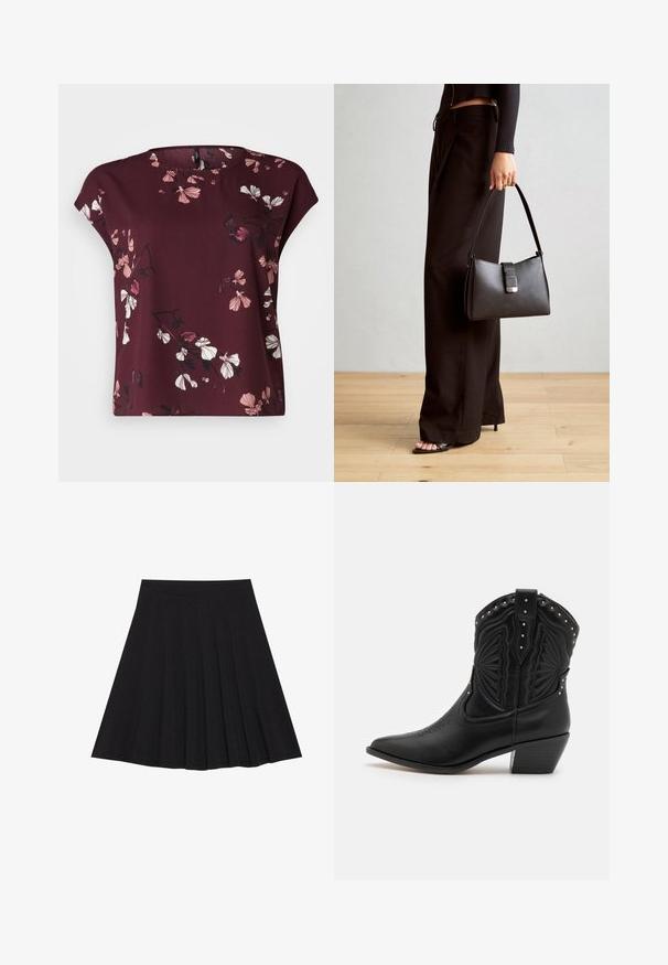 Vero Moda Curve VMNEWHALLIE NEW - Trükipildiga T-särk - winetasting; Must mustriga seelik, millel on tekstureeritud kangas ja kitsas vöökoht. Ulatuv põlveni, omadab sujuvat ja lõputut siluetti.; Mustad mustangid mustast nahast koos teravate varvaste, dekoratiivse tikandi ja metallist narmastega üleval. Kihilised kantid ja tekstureeritud viimistlus.; Must musta kott, millel on struktureeritud kuju, sile tekstuur ja metallist klamber. Kombineeritud laiate mustade pükstega ja avatud varvaste sandaalidega puidust põrandal.