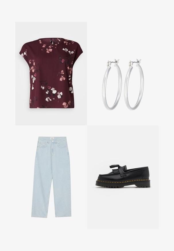 Vero Moda Curve VMNEWHALLIE NEW - Printtipaita - winetasting; Vaaleansiniset leveät farkut, jotka on valmistettu denimistä, ja joissa on keskipitkä vyötärö, viisi taskua sekä nappisuljenta, jossa on kapea metallikoriste.; Musta nahkakengät, joissa on tupsuakkentti, paksu musta pohja ja keltainen ommel reunassa. Rakeinen pinta.; Hope-silver rengas, joissa on sileä ja kiillotettu pinta. Pyöreä muoto ja turvallinen napsautettava lukitus. Kevyt muotoilu sopii päivittäiseen käyttöön.