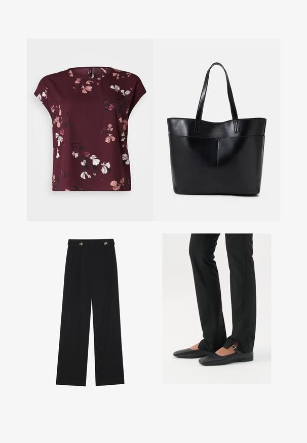 Vero Moda Curve VMNEWHALLIE NEW - T-shirt print - winetasting; Zwarte wijde broek met hoge taille, knoopdetails op de tailleband en plooien aan de voorkant.; Zwarte leren balletschoenen met een puntige neus, bandje met een zilveren gesp, gecombineerd met zwarte nauwsluitende broek met een zijsplit.; Zwarte leren tote bag met twee lange handvatten, een zachte textuur en een gestructureerde vorm. Voorzien van een voorvak voor extra opslagruimte.