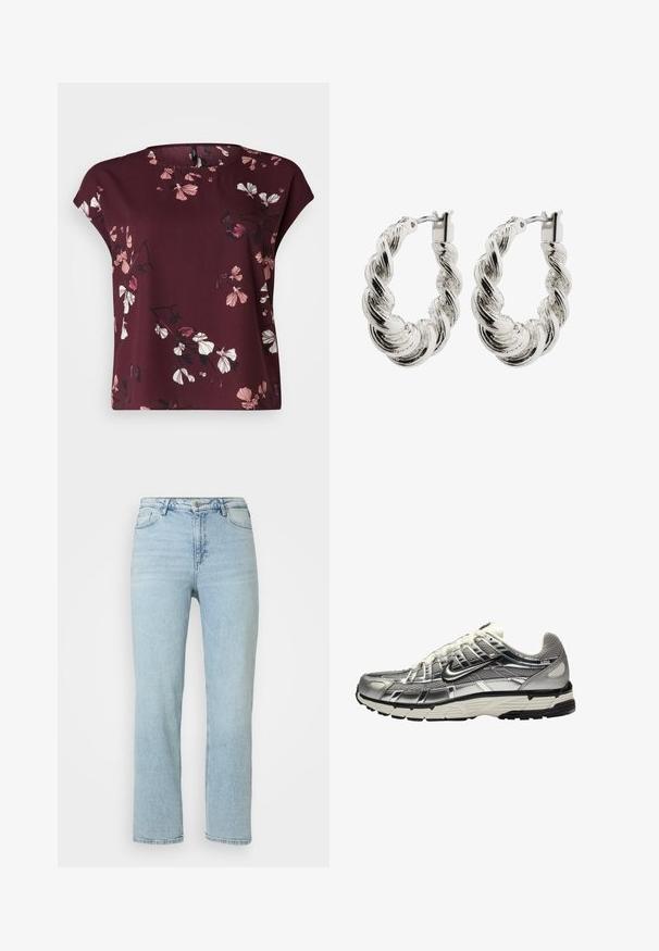 Vero Moda Curve VMNEWHALLIE NEW - T-shirt imprimé - winetasting; Jeans en denim bleu clair à jambes droites avec fermeture à bouton et à glissière à l'avant, passants de ceinture et design classique à cinq poches.; Chaussure de sport argentée et noire avec une tige en mailles et en synthétique, au design volumineux et à la finition texturée. Présente un col rembourré et une semelle en caoutchouc.; Boucles d'oreilles argentées torsadées avec une finition brillante, présentant une texture tressée et une fermeture à clapet sécurisée.