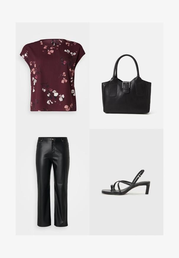 Vero Moda Curve VMNEWHALLIE NEW - T-shirt estampada - winetasting; Calças de imitação de pele pretas com corte retificado, apresentando passantes para cinto, bolsos frontais e um fecho com zíper e botão. Textura suave.; Sandal de tiras pretas com biqueira quadrada e um pequeno salto bloco. Apresenta várias tiras finas e uma tira no tornozelo ajustável. Feito de couro liso.; Bolsa tote de couro preta com textura suave, forma estruturada, duas alças e um destaque prateado proeminente na parte da frente.