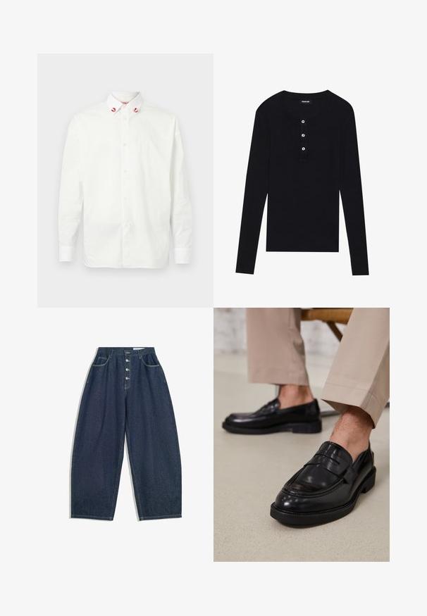 Weißes Hemd mit Knöpfen aus Baumwolle und klassischem Kragen. Merkmale rote Akzente an den Kragenenden und ein einfaches Design. Schlichte Textur.; Schwarzes langärmliges Oberteil aus weichem Stoff, mit rundem Halsausschnitt, dreiknopfiger Knopfleiste und taillierten Ärmeln.; Dunkelblaue Denim-Hose mit weiter Beinform und hoher Taille, fünfknöpfigem Verschluss und fünf Taschen. Mit Steppnähten an den Nähten.; Schwarze Lederloafers mit glatter Oberfläche, ausgestattet mit einem dekorativen Riemen und Kontrastnähten, kombiniert mit beigen Hosen.