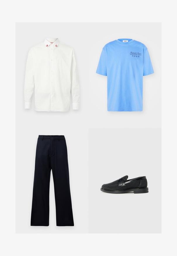 Valge puuvillane särk, millel on klassikaline krae. Krae otstes on punased aktsendid ning see on lihtsa disainiga. Ükslane tekstuur.; Hele sinine puuvillane T-särk lühikeste varrukatega, ümar kaelus ja must tekst: "Fantastiline Roheline Burro Stuudio MSGM" koos graafiliste aktsentidega.; Mustad kõrge vöökoht ja laiad pantaloonid vööaasadega, esipainutus ja tõmbluku sulgemine klassikalise valge tausta taustal.; Must musta kootud slip-on king, millel on pehme nahast accent ülaserval, ümmargune varvas ja madal profiiliga kummitald.