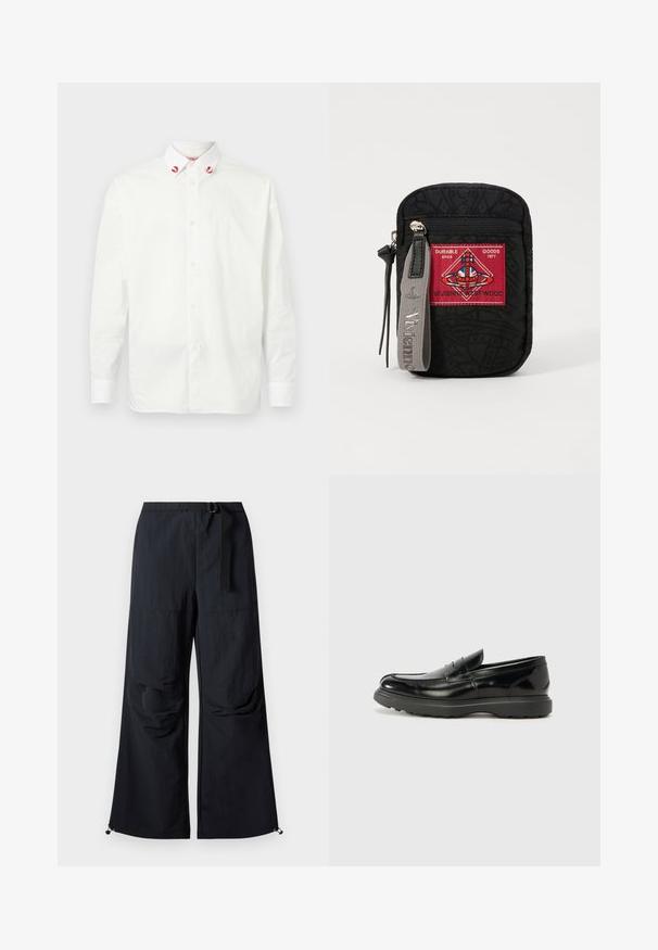 Fehér, klasszikus gallérral készült pamut ing. A gallér végén piros díszítések találhatók, és egyszerű, letisztult dizájnnal rendelkezik. Egyszerű textúra.; Fekete, bő szárú nadrág, könnyű anyagból készülve, övvel a deréknál, elülső zsebekkel és állítható szárakkal, amelyeken togglek találhatók.; Fekete bőr loafer, fényes felülettel, kerek orral, diszkrét varrási részletekkel és vastag gumitalppal a tartósság érdekében.; Fekete tasak textúrált anyagból, piros folttal a logóval, cipzáros záródással és szürke pánttal, amelyen a márka neve van puhatolózva.