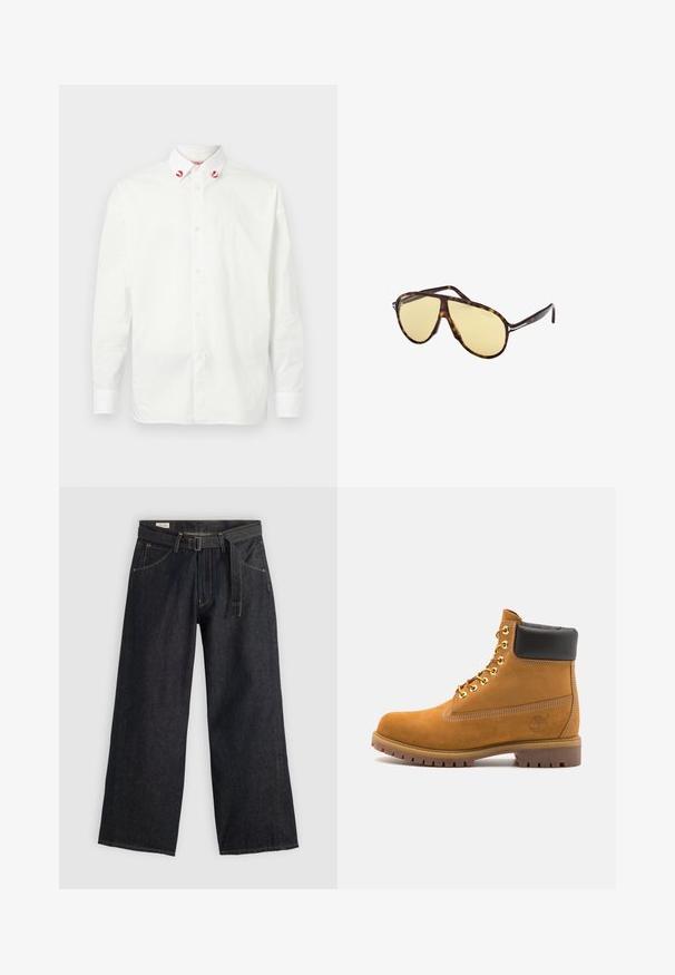 Camicia bianca con bottoni realizzata in cotone, con colletto classico. Presenta accenti rossi sulle punte del colletto e un design semplice. Texture liscia.; Pantaloni a gamba larga in denim scuro con vita regolabile, dotati di tasche frontali e cuciture a contrasto. Texture liscia con un design pulito.; Stivale alla caviglia in suede tan con collare imbottito nero, occhielli in metallo dorato, dettagli in cucitura bianca e suola in gomma robusta con battistrada pronunciato.; Occhiali da sole tartarugati con lenti gialle. Forma aviator con doppio ponte e dettagli in metallo. Superficie liscia e design elegante.