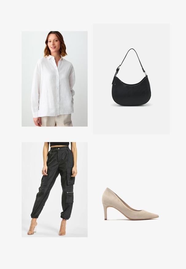Camicia bianca in lino con chiusura a bottoni, colletto e maniche lunghe. Caratterizzata da una finitura testurizzata e una vestibilità rilassata.; Pantaloni cargo neri realizzati in tessuto leggero, dotati di numerose tasche, polsini elasticizzati e una tasca con zip sul lato per un'ulteriore funzionalità.; Décolleté beige in suede con punta affilata e tacco di 7 cm. Texture liscia, design minimalista e silhouette impeccabile.; Borsa hobo nera in pelle liscia con silhouette curvata, dotata di un'unica tracolla regolabile e dettagli di design minimalisti.
