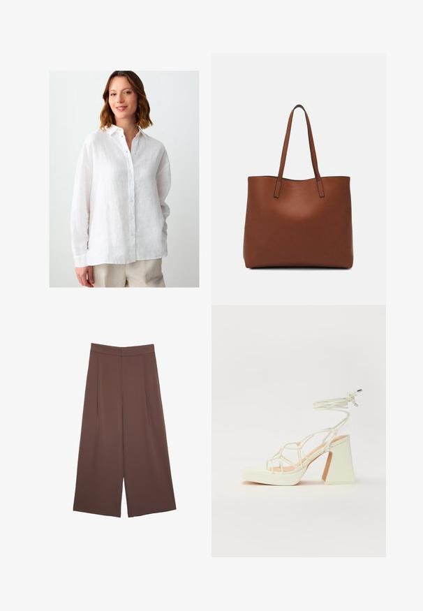 White linen shirt with a button-up front, collar, and long sleeves. Features a textured finish and a relaxed fit.; Brown wide-leg trousers with a smooth texture, featuring a high waist and front pleats. The fabric is lightweight and flows loosely.; White high-heeled sandal with a chunky heel, featuring a strappy design and ankle tie. Smooth texture with a platform front for added height.; Brown leather tote bag with a smooth texture, open top design, and two shoulder straps. Features minimal stitching and no visible hardware.