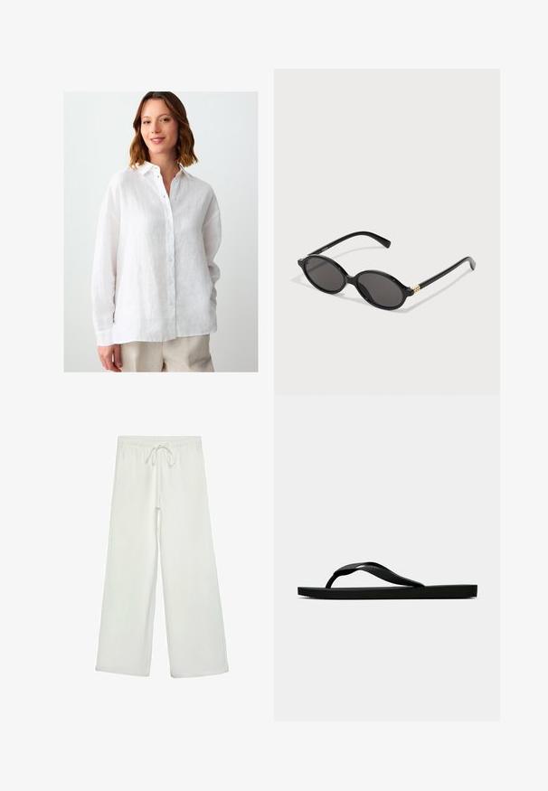 Chemise en lin blanc avec un col et des manches longues, se fermant par des boutons sur le devant. Présente une finition texturée et une coupe décontractée.; Pantalons larges blancs en tissu doux. Dotés d'une taille élastique avec cordon de serrage et d'une texture lisse. Aucuns motifs visibles ni éléments en métal.; Tong sandale en caoutchouc noir avec une bride en T texturée et une semelle plate simple, montrée de côté sur un fond clair.; Lunettes de soleil ovales noires avec des verres foncés, monture en plastique brillant et accent en métal doré sur les branches.
