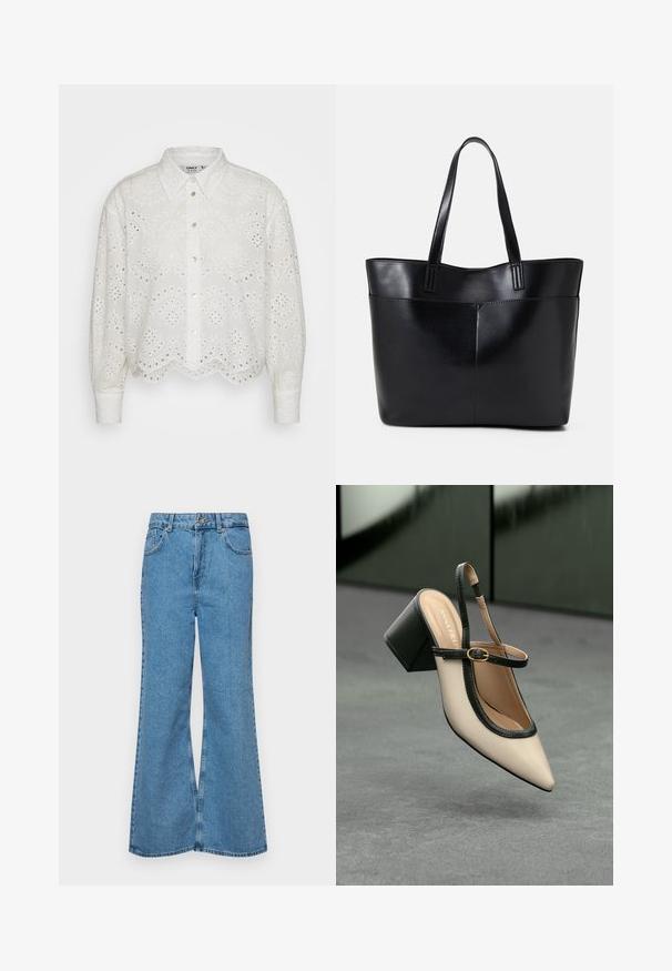 White cotton blouse with a scalloped hem, point collar, long sleeves, and eyelet embroidery featuring circular and paisley patterns.; Light blue flared jeans made of denim, featuring a high waist, five pockets, and a single button closure. Soft texture with faded finish.; Beige pointed-toe slingback shoe with black trim, gold buckle, and a chunky block heel on gray floor with dark green background.; Black leather tote bag with two long handles, a smooth texture, and a structured shape. Features a front pocket for additional storage.