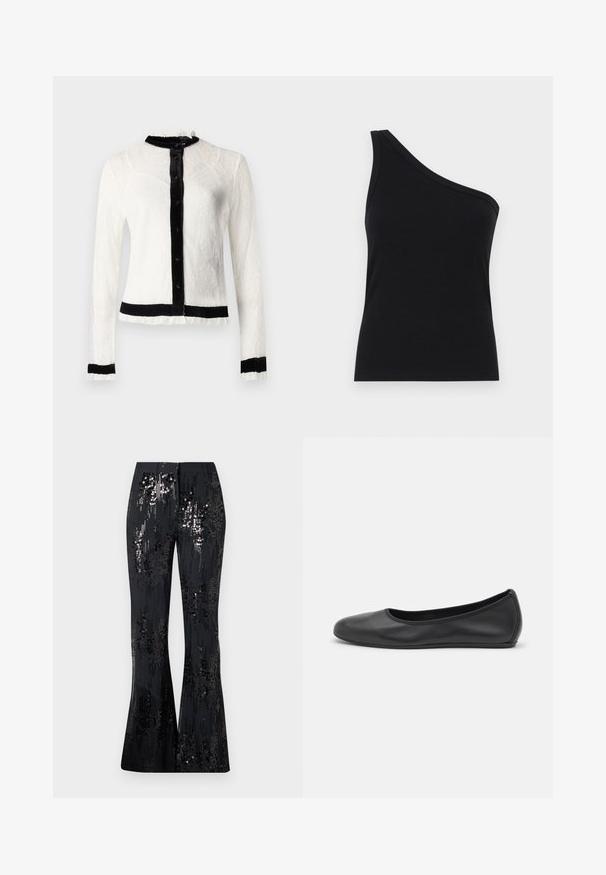 Witte kanten blouse met lange mouwen en zwarte fluwelen kraag en knoopsluiting; heeft ruches aan de randen en een effen zwarte tailleband.; Zwarte ribbel tanktop met één schouder, met een aansluitend ontwerp en een zachte textuur. Kenmerkt zich door een strakke, minimalistische snit en een soepele halslijn.; The Kooples PANTALON SEUL - Broek - black; Zwarte leren ballerina met een ronde neus, gladde textuur, minimale stikdetails en een flexibele zoolontwerp.