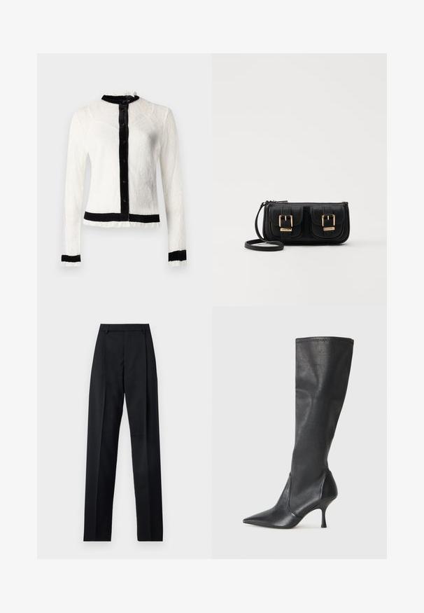 Bluză lungă cu mâneci din dantelă albă, cu guler din catifea neagră și placket cu nasturi; are margini volănașe și un talie solidă neagră.; Pantaloni negri dintr-un material neted, cu talie înaltă, picioare largi, pliuri frontale și loop-uri clasice pentru curea. Fără buzunare laterale vizibile.; Botine din piele neagră, până la genunchi, cu vârf ascuțit și toc subțire stiletto. Textură netedă, cu un design ajustat și cusături la marginea superioară.; Geantă neagră din piele, tip crossbody, cu două buzunare frontale, catarame aurii, închidere cu fermoar și o curea subțire. Suprafață texturată și formă rectangulară compactă.