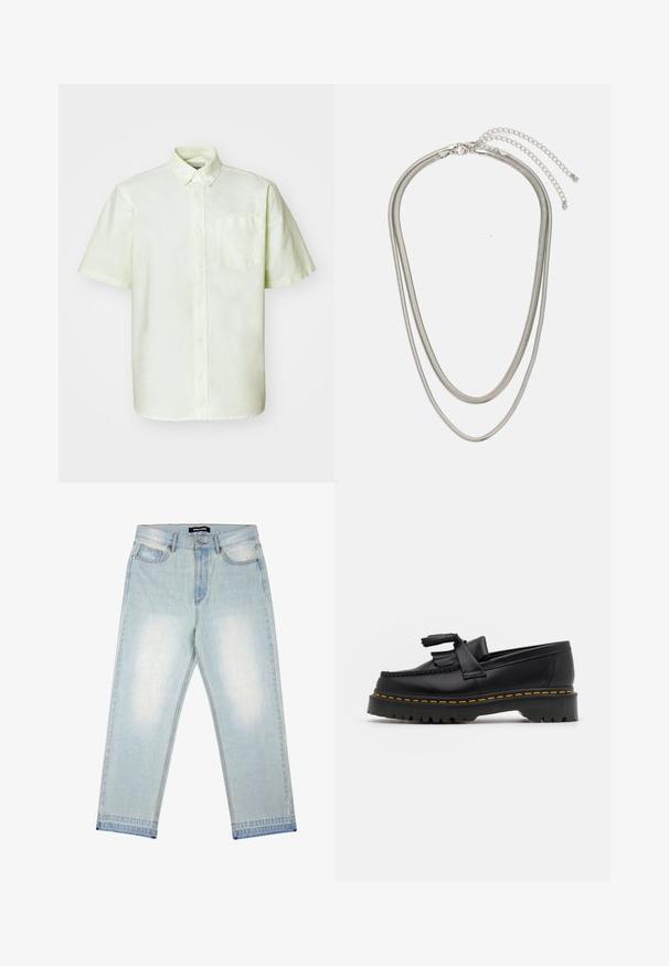 Lühikeste varrukatega nööpidega särk heledas kollases toonis, millel on rinnanukiga tasku ja klassikaline krae. Valmistatud kergest puuvillast kangast.; Pegador BARROW - Loose fit teksad - sand washed blue; Mustmust musta loafer, millel on frantsiisi aktsent, paks must tald ja kollane õmblus servas. Tekstuuriga viimistlus.; Kolmekihiline hõbedane metallkaelakee, mis on valmistatud peentest, paindlikest kettidest kerge läikega, kinnitatud krabi sulguri ja reguleeritava ketiga.