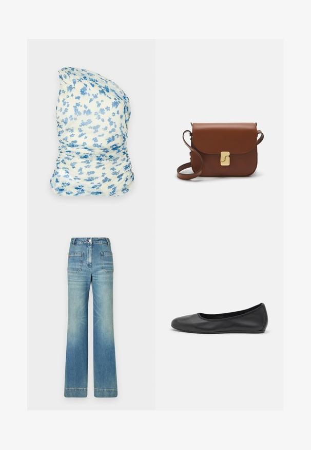 Tecido de cor creme com padrão floral, flores azuis, design franzido, leve e com textura macia, adequado para acessórios ou vestuário.; Calças de ganga flare azul claro com cinco bolsos, passadores de cinto, fecho de botão e uma textura ligeiramente desbotada, apresentando um detalhe de logotipo vermelho na parte de trás.; Bailarina preta em pele com bico arredondado, textura suave, detalhe de costura minimalista e design de sola flexível.; Bolsa de couro castanho com fecho de aba, decoração em tom dourado, alça de ombro e textura suave. Formato retangular compacto.