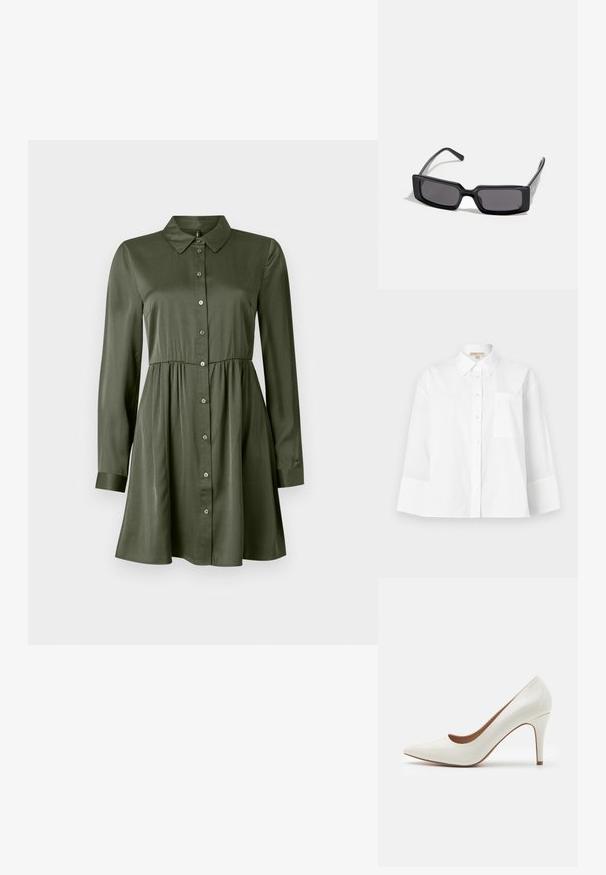Fehér, pamut anyagból készült ing, hegyes gallérral, hosszú ujjakkal, mellzsebből és laza szabású designnal.; Hosszú ujjú, olíva zöld gombos ruha, fitted derékkal és gallérral, enyhén bővülő szoknyával és felhajtott ujjakkal.; Fehér lakkbőr magassarkú cipő hegyes orral és sima felülettel, karcsú sarka van, és alacsony kivágás található a nyílás körül.; Fekete napszemüveg téglalap alakú kerettel, sötét lencsékkel és sima, fényes felülettel. Vékony szárakkal rendelkezik, az oldalán diszkrét márkajelzéssel.; Michael Kors bézs bevonatos vászon karkötő, amely ismétlődő MK logó mintával, aranyszínű fémrészletekkel és levehető lánchordóval rendelkezik.; Arany fém fülbevalók hullámos mintával; sima, fényes felület; aszimmetrikus forma; látható minták vagy szerelvények nélkül.