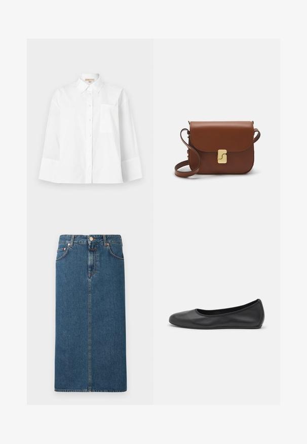 White button-up shirt made of cotton, featuring a pointed collar, long sleeves, a chest pocket, and a loose fit design.; Denim midi skirt in dark blue with a straight cut, front pockets, and copper-tone hardware. Features stitching along seams and a button closure.; Black leather ballet flat with a rounded toe, smooth texture, minimal stitching detail, and a flexible sole design.; Brown leather handbag with a flap closure, gold-tone hardware, a shoulder strap, and a smooth texture. Compact rectangular shape.