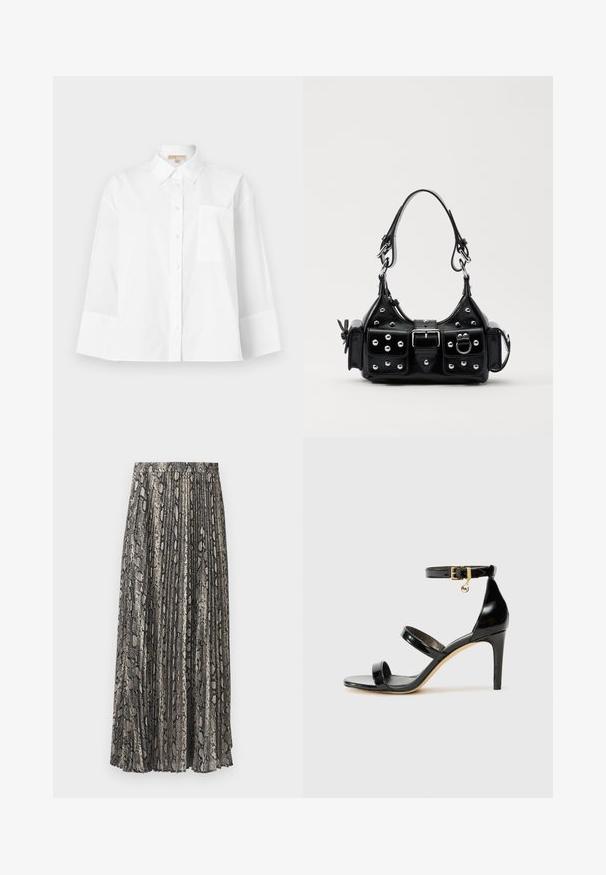 Cămașă albă cu guler ascuțit, realizată din bumbac, cu mâneci lungi, un buzunar pe piept și un design cu o croială lejeră.; Fustă midi plisată cu un model imprimeu șarpe, în nuanțe de gri, negru și bej. Fabricată dintr-un material ușor, cu un elastic în talie.; Sandale negre din piele lacuită, cu trei curele, cataramă la glezna și toc stiletto de 10 cm. Prezintă detalii din metal auriu și un charm cu logo.; Geantă de piele neagră cu un design curbat, dotată cu studuri argintii, o cataramă și două buzunare laterale. Curea ajustabilă pentru opțiuni de transport.