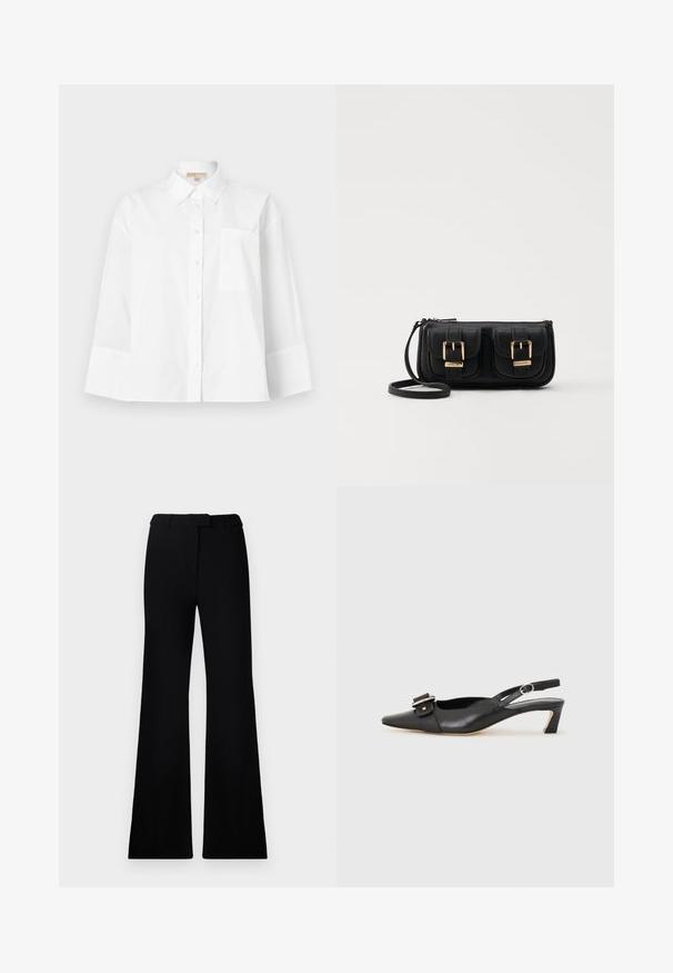 White button-up shirt made of cotton, featuring a pointed collar, long sleeves, a chest pocket, and a loose fit design.; Black flared pants featuring a smooth texture, tailored waistband, and front pockets, designed with a sleek, modern silhouette.; Black leather slingback shoe with pointed toe, small heel, and decorative buckle detail on the upper. Smooth texture, minimalistic design.; Black leather crossbody bag with two front pockets, gold buckles, zipper closure, and a slim strap. Textured surface and compact rectangular shape.