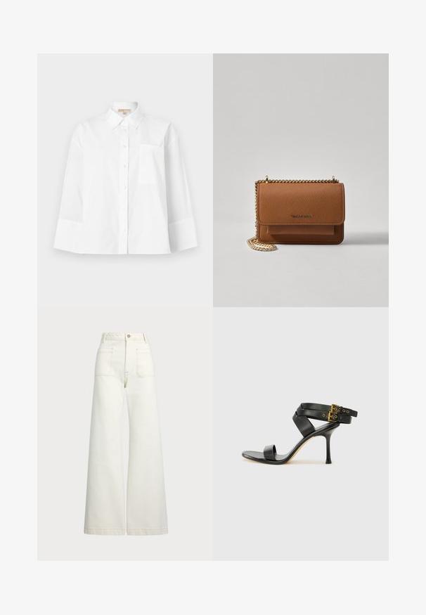 Balta krekliņa ar pogām, kas izgatavots no kokvilnas, ar norādītu apkakli, garām piedurknēm, krūšu kabatu un brīvu piegriezumu.; Platās kājas džinsi off-white denima. Augsta jostasvieta ar pogu aizdari, divas priekšējās kabatas un kontrastējošas šuvju detaļas.; Melna augsta papēža sāndele ar krustotiem siksniņām un regulējamu sprādzi. Iespēlēts gluds tekstūra un pakāpenisks stiletto papēdis.; Brūna teksturēta ādas plecu soma ar zelta ķēdes siksnu un atloka aizdari. Priekšpusē ir logotipa detaļa un kabata zem atloka.