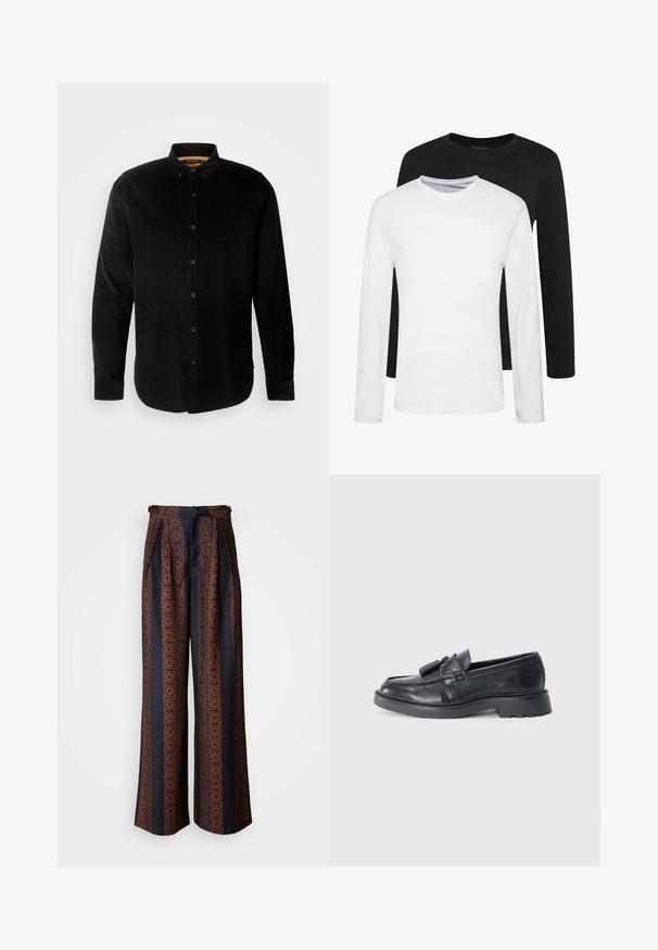 INDICODE JEANS Skjorter - black; To lange ærmede skjorter, en sort og en hvid, lavet af bomuld med rund hals og en glat tekstur, vist i en stakket opstilling.; Bredde ben bukser i mørkeblå stof med et indviklet orange geometrisk mønster, med plisseret front og en tætsiddende talje.; Sorte læder loafers med rund tå, en rem med kvaster og en kraftig sål med mønster. Glat tekstur og klassisk design.