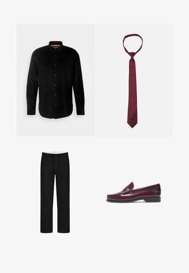 INDICODE JEANS Overhemd - black; Zwarte rechte broek met een elastische tailleband, aantrekkoord en een bescheiden ontwerp. Zachte stoftextuur. Geen zichtbare patronen of accenten.; Bordeaux leren instapper met een ronde neus, gestikte details en een kleine decoratieve accent op de schacht. Platte, contrasterende zool.; Bordeaux satijnen stropdas met een gladde textuur, smalle breedte en spitse punt; voorzien van een lus voor eenvoudig dragen.; Bruine lederen schoudertas met een platte voorflap, twee banden, gouden hardware-accenten en een verstelbare schouderband.