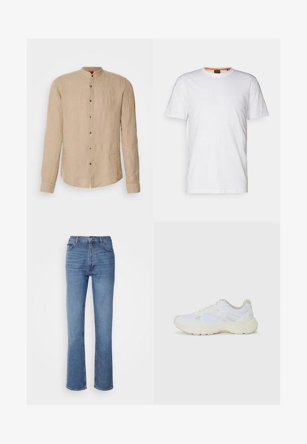 Camicia di lino beige con maniche lunghe, colletto alla coreana e chiusura frontale con bottoni. Tessuto liscio e leggermente lucido. Orlo arrotondato con spacco laterale.; T-shirt bianco in cotone con collo rotondo, maniche corte e un logo a rilievo discreto sul petto. L'etichetta interna ha un accento arancione.; Jeans in denim blu con vita alta, design a gamba dritta e leggera sbiaditura. Presentano il classico stile a cinque tasche e chiusura con zip.; Scarpe da ginnastica bianche in mesh e suede, con una suola intermedia testurizzata, dettagli testurizzati e il logo "HUGO" sul lato.