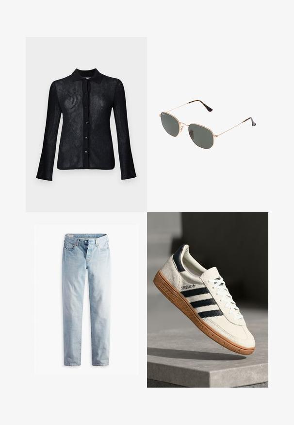 Suéter de malha preta com mangas longas, design de botão e gola. Apresenta um padrão texturizado e um brilho subtil.; Jeans de ganga azul claro com corte reto, dois bolsos frontais e dois bolsos traseiros. Inclui fecho com dois botões e costura discreta.; Sapatilha branca em camurça com riscas azuis-marinho, sola de borracha em goma, parte superior texturizada, bico redondo e atacadores; apresenta branding na lateral e na língua.; Óculos de sol de armação dourada com lentes verde-escuras, estilo aviador, apresentando hastes finas e detalhes em tartaruga nas pontas.; Bolsa de mão em couro acolchoado preto com uma alça de corrente dourada e um fecho de pressionar com um canto circular. Formato retangular compacto.