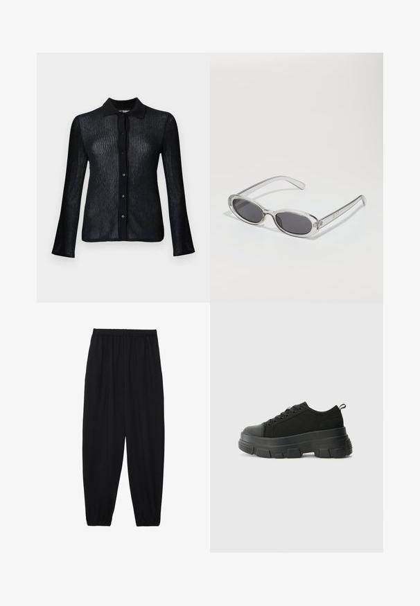 Melnas acu mezgls ar garām piedurknēm, ar pogu aizdari un apkakles dizainu. Satur faktūrētu rakstu un vieglu spīdumu.; Melnas, vieglas bikses ar elastīgu jostu un savilktiem potītiem. Audums ir gluds un to raksturo brīva, sašaurināta forma.; Melnas kedas ar masīvu gumijas zoli, teksturētu auduma augšdaļu, apaļu purngalu un saistīšanas dizainu. Iekļautas pastiprinātas acs atveres un aizmugurējais cilpiņas siksniņa.; Saulesbrilles ar ovālu formu, caurspīdīgu plastmasas rāmi, tumši pelēkiem stikliem un plāniem caurspīdīgiem kātiem, kas satur logotipa akcentus un minimālu noformējumu.