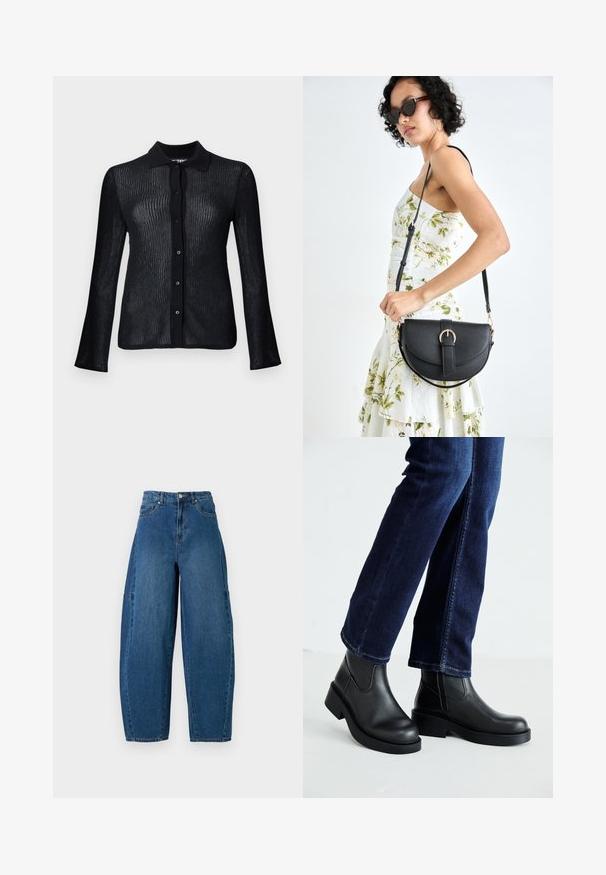 Svart nettgenser med lange ermer, knappestolpe-design og krage. Har et strukturert mønster og subtil glans.; Denimjeans i en middels blå vask, med høy midje, vide ben og standard fem-roms design med synlige sømdetaljer.; Sorte lær ankelsko med en kraftig såle og elastiske paneler på siden, kombinert med mørkeblå jeans. Underlaget er lyst.; Svart lærveske med en buet form, avtagbar stropp og gullbeslag. Vesken har et klaff med spenne-detall.