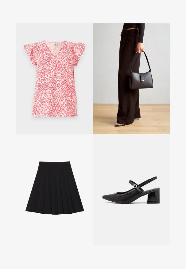 Lühikeste varrukate ja V-kaelusega pluus kergest fabrics, millel on roosa ja valge ruudumuster. Volangvarrukad lisavad tekstuuri; lõdva istuvusega.; Must mustriga seelik, millel on tekstureeritud kangas ja kitsas vöökoht. Ulatuv põlveni, omadab sujuvat ja lõputut siluetti.; Mustad läikivad nahast slingback-kõrged kontsad, millel on terav nina, ümar lõikekujundus ja blokknina. Omab kuldset nupu aktsenti.; Must musta kott, millel on struktureeritud kuju, sile tekstuur ja metallist klamber. Kombineeritud laiate mustade pükstega ja avatud varvaste sandaalidega puidust põrandal.