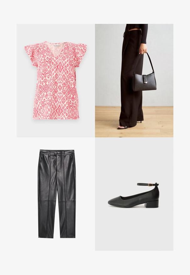 T-skjorte med korte ermer og v-hals i lett stoff med et rosa og hvitt diamantmønster. Volang-ermer gir tekstur; avslappet passform.; Sorte lærbukser med en glat tekstur, der har en lige pasform, to forlommer og synlige sømdetaljer.; Sorte skinnpumper med spiss tå og lav blokkhelt. Har ankelrem med gullfarget spenne. Glatt tekstur.; Svart håndveske med strukturert form, jevn tekstur og metallisk lås. Kombinert med brede svarte bukser og sandaler med åpen tå på tregulv.