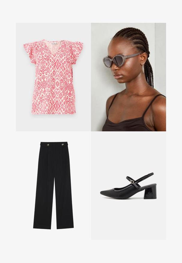 Kratki rokavi, vrh z V-izrezom iz lahkega materiala z roza in belim diamantom. Ruffled rokavi dodajo teksturo; sproščen kroj.; Črne široke hlače s visokim pasom, gumbnimi detajli na pasu in sprednjimi gubami.; Črne patentne usnjene salonarce s slingback obliko, s koničastim nosom, zaobljenim izrezom in blok peto. Imajo zlato kovinsko zaponko kot dodatno okrasje.; Sive velike sončne očala z zaobljeno obliko in temnimi lečami. Elegantno plastično ogrodje z gladko površino. Model ima spletene lase.