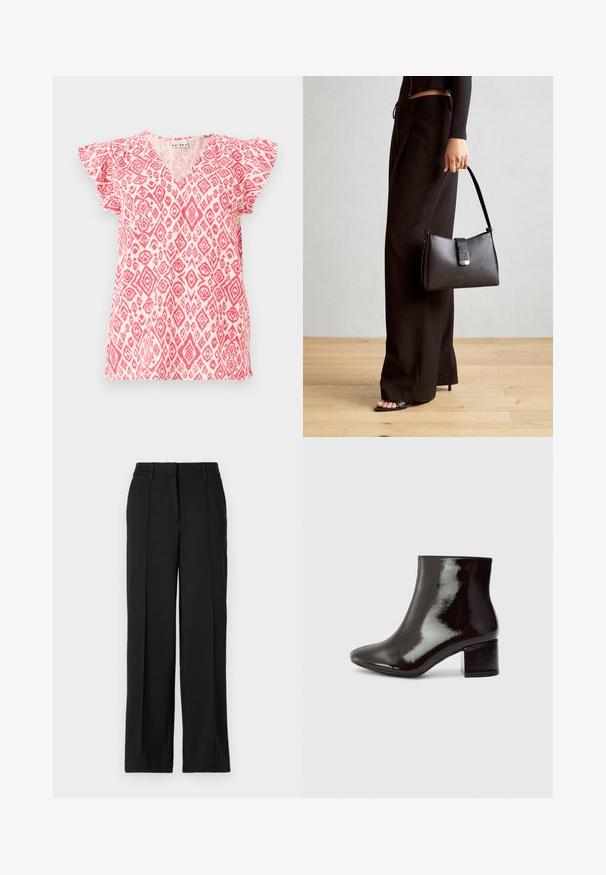 Kortærmet top med v-udskæring i let stof, der har et pink og hvidt diamantmønster. Flæser ved ærmerne tilføjer tekstur; afslappet pasform.; Sorte bukser med en lige ben design, der har to forreste folder, en talje og ingen synlige lommer eller dekorative elementer.; Sorte patenterede læder ankelstøvler med spids tå og en chunky hæl. Glat tekstur med en subtil glans og rene linjer, minimalistisk design.; Sort håndtaske med struktureret form, glat overflade og metalspænde. Sammen med brede sorte bukser og sandaler med åben tå på trægulv.