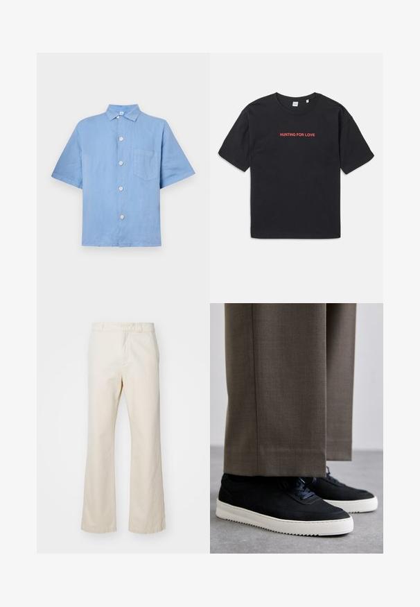 Lys blå kortermet skjorte laget av lin med knapper foran, spiss krage og en enkelt brystlomme. Glatt tekstur.; Svart bomulls t-skjorte med korte ermer, med rød tekst "HUNTING FOR LOVE" brodert over brystet. Enkel og avslappet passform.; Beige bomullsbukser med rett ben design, med glidelås og knappstenging foran, glatt tekstur og minimalistisk stil.; Svarte suedeglans sneakers med hvite gummisåler, med rund tå og lisser, iført grå skreddersydde bukser.