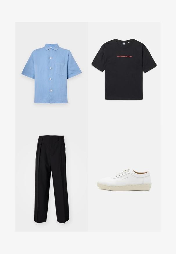 Jasnoniebieska koszula krótki rękaw, wykonana z lnu, z zapięciem na guziki, wygiętym kołnierzykiem i jedną kieszenią na piersi. Gładka faktura.; Czarna bawełniana koszulka z krótkim rękawem, z haftowanym czerwonym napisem "HUNTING FOR LOVE" na klatce piersiowej. Prosty i luźny krój.; Czarne plisowane spodnie o prostym, szerokim kroju nogawek. Wykonane z gładkiego materiału, z zapięciem na guzik i pętelkami na pasek.; Białe skórzane sneakersy o teksturowanym wykończeniu, okrągłym nosie, beżowej gumowej podeszwie i sześciu szarych oczkach na sznurowadła, z subtelnym logo z boku.