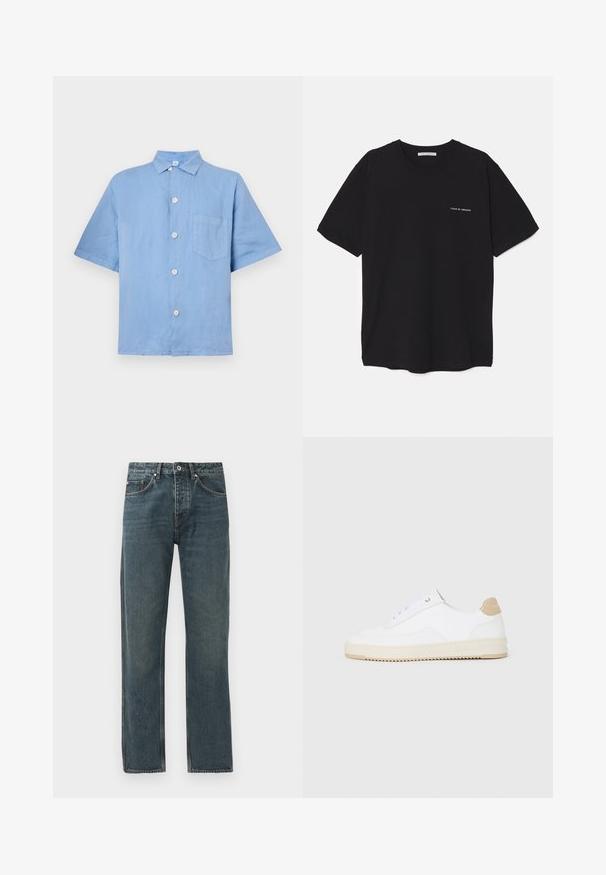 Camisa de manga corta azul claro hecha de lino, con cierre de botones en la parte delantera, cuello puntiagudo y un bolsillo en el pecho. Textura suave.; Camiseta de algodón negra con cuello redondo, mangas cortas y un estampado de logo blanco en el lado izquierdo del pecho. Diseño simple y de color sólido.; Jeans de mezclilla azul oscuro con un diseño de pierna recta, que cuentan con cinco bolsillos, un cierre de botón y detalles de costura en contraste.; Zapatillas bajas blancas con parte superior de cuero texturizado, suela de crema estriada y acento de talón en color tostado. Presentan cordones blancos y detalle del logotipo en el talón.
