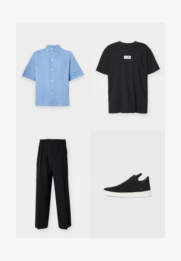 Light blue short-sleeve shirt made of linen with a button-up front, a pointed collar, and a single chest pocket. Smooth texture.; Black cotton t-shirt with a crew neck, short sleeves, and a rectangular white label featuring numbers and a graphic design.; Black pleated trousers with a straight, wide-leg design. Made from smooth fabric, featuring a button closure and belt loops.; Black suede sneaker with a white rubber sole, featuring tonal stitching and lace-up design. Smooth texture with a modern, streamlined shape.