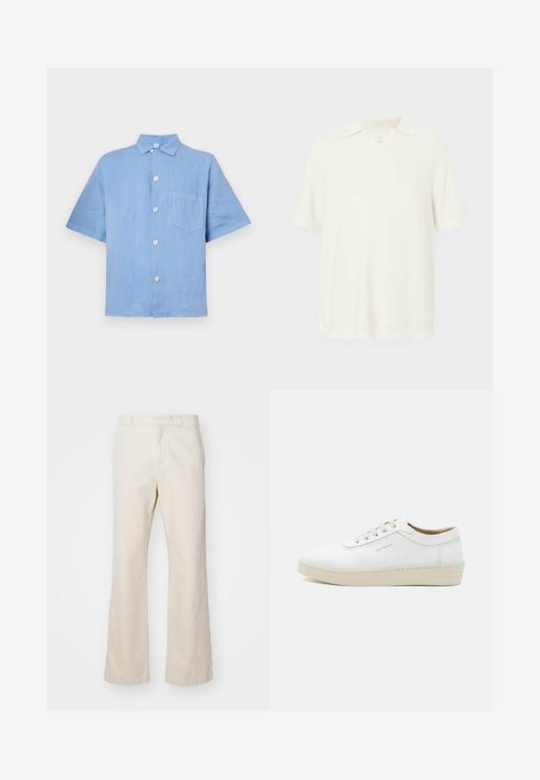 Chemise à manches courtes bleu clair en lin avec un devant boutonné, un col pointu et une poche poitrine. Texture lisse.; Polo à manches courtes, couleur crème clair, fabriqué en tissu texturé, avec un décolleté en V et un design de col classique.; Pantalons en coton beige à coupe droite, dotés d'une fermeture éclair et d'un bouton à l'avant, d'une texture lisse et d'un style minimaliste.; Baskets en cuir blanc avec une finition texturée, bout rond, semelle en caoutchouc beige et six œillets pour lacets gris, avec un discret logo sur le côté.