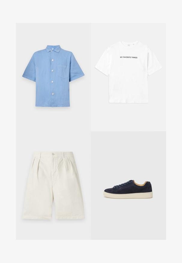 Jasnoniebieska koszula krótki rękaw, wykonana z lnu, z zapięciem na guziki, wygiętym kołnierzykiem i jedną kieszenią na piersi. Gładka faktura.; Biała bawełniana koszulka z krótkim rękawem i okrągłym dekoltem, z napisem "MOJE ULUBIONE RZECZY" nadrukowanym na przodzie i z tyłu w kolorze czarnym.; Beżowe krótkie spodenki bawełniane z plisami z przodu, bocznymi kieszeniami i zapięciem na guzik. Tkanina ma gładką fakturę i dopasowany fason.; Granatowe zamszowe trampki niskie z okrągłym czubkiem, z off-white gumową podeszwą i pasującymi sznurówkami; mają kontrastującą tanową podszewkę wewnętrzną.