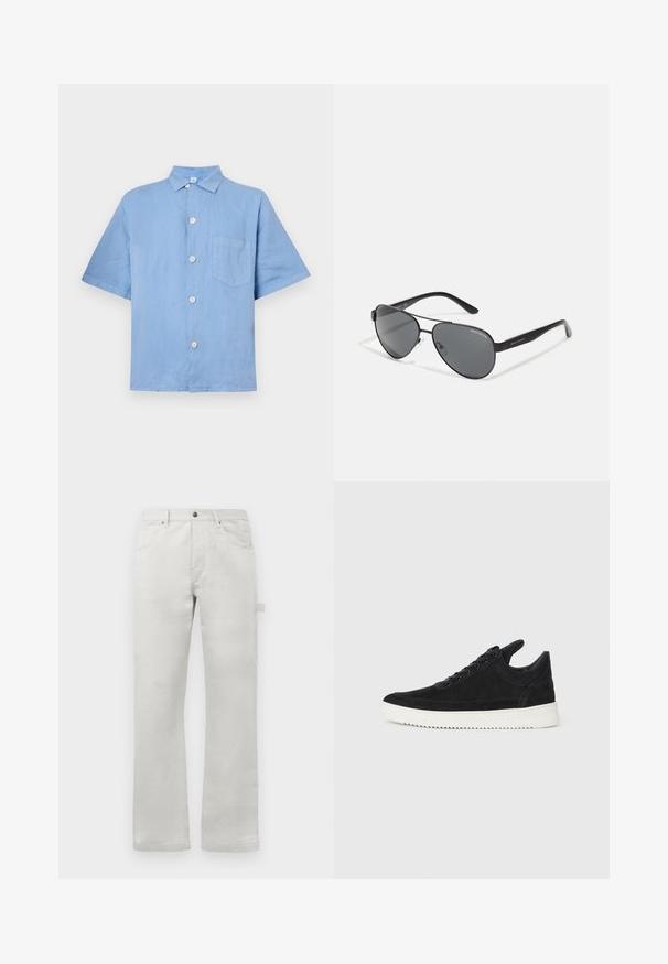 Šviesiai mėlynas trumpomis rankovėmis lininis marškinėliai su sagų uždarymu, smailiu apykaklė ir viena krūtinės kišenė. Lygus paviršius.; Šviesiai pilkos tiesios pritaikymo kelnės, pagamintos iš lygaus medvilninio audinio, su priekinėmis kišenėmis ir šonine cargo kišene.; Juodų suede sportbačių su balta gumine padu, su toniniais siuvinėjimais ir raištelių užsegimu. Sklandus paviršius su šiuolaikine, laiko forma.; Juodos aviacijos akiniai su tamsiais lęšiais, plonu metaliniu rėmeliu ir lieknais plastikiniais šonais, kuriuose yra logotipo akcentai.